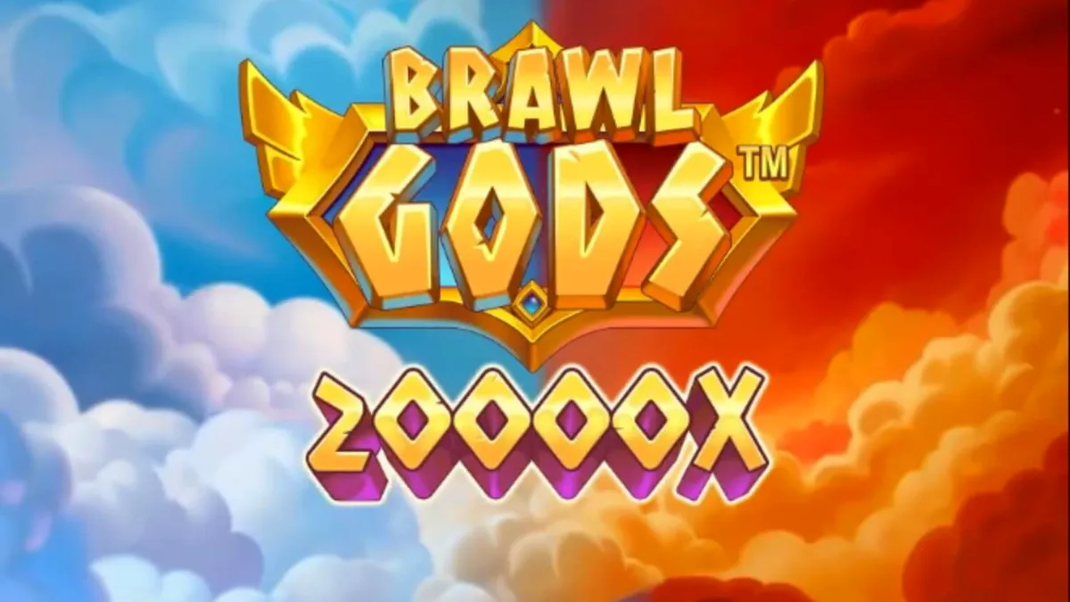 Tampilan layar seluler yang menampilkan desain split-screen Brawl Gods dengan Zeus dan Hades.